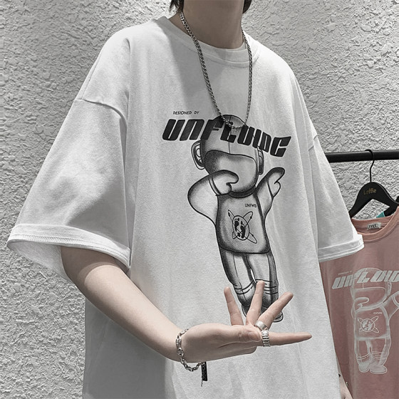 短袖t恤男夏季潮牌宽松圆领涂鸦印花上衣ins港风休闲学生半袖体恤