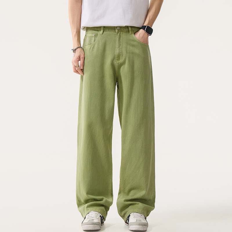 Italian High-End Embroidered Light Green Loose Wide-Leg Jeans for Men, New Spring/Summer Style, Drapey Floor-Length Pants, Trendy