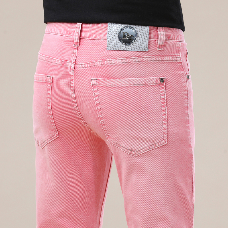 Italian High-End Pink Jeans for Men, Summer Thin Slim-Fit Skinny Stretchy Fashionable Pure Cotton Long Pants, Cropped Length Italian High-End Pink Jeans for Men, Summer Thin Slim-Fit Skinny Stretchy Fashionable Pure Cotton Long Pants, Cropped Length