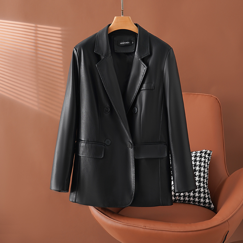 2026 New High-End Fashion Elegant Haining Genuine Leather Blazer for Women, Short Black Sheepskin Leather Jacket