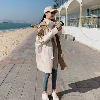 Pregnant women autumn coat medium and long version of pregnancy large hooded windbreaker Korean version of loose color color long sleeve coat