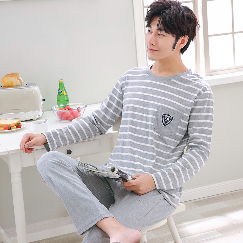 Sleepwear Men's Fall Cartoon Long Sleeve Pure Cotton Cute Korean Version Casual Suit Male teen may wear a home dress
