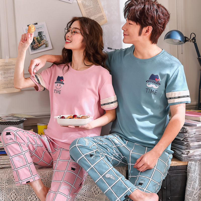 Lovers pyjamas Summer short sleeves Long pants Men and women thin Cartoon Cute Pure Cotton Male Casual Routine Home Suit Suit