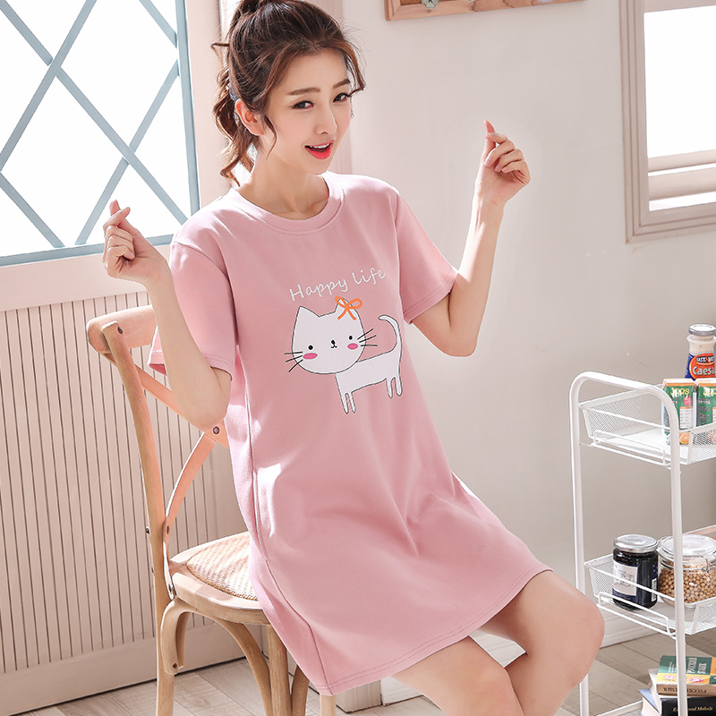 Sleeping Skirt Woman Summer Short Sleeve Cartoon Sexy Pure Cotton Cute home Sleeping Dress Up for overweight outwear for sweet and casual