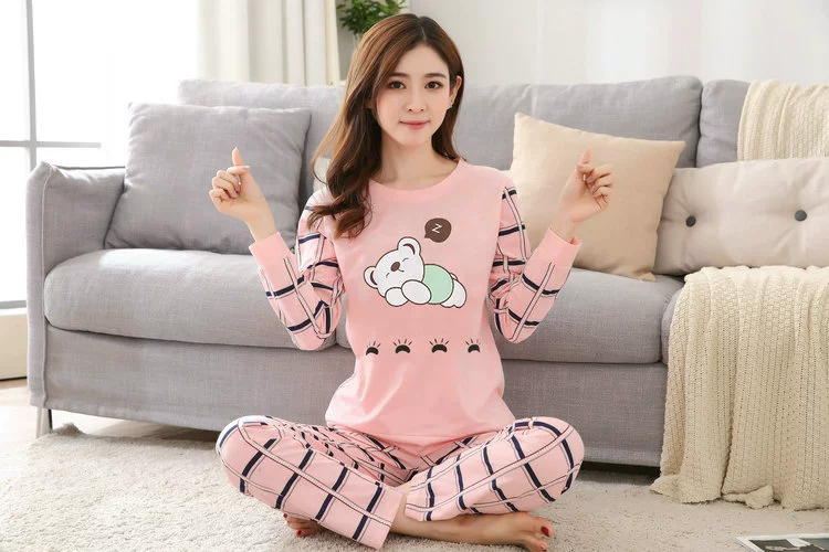 Bộ đồ ngủ nữ mùa thu dài tay dài Quần cotton hoạt hình Bộ phụ nữ dễ thương Cotton dễ thương Kích thước lớn Bộ dịch vụ gia đình