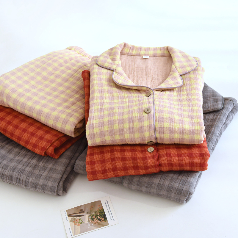 Pure Cotton Four-Layer Gauze Couple Pajamas for Men and Women, Thick Plaid Long-Sleeved Loungewear, Loose Plus Size, Can Be Worn Outside, Set Pure Cotton Four-Layer Gauze Couple Pajamas for Men and Women, Thick Plaid Long-Sleeved Loungewear, Loose Plus Size, Can Be Worn Outside, Set