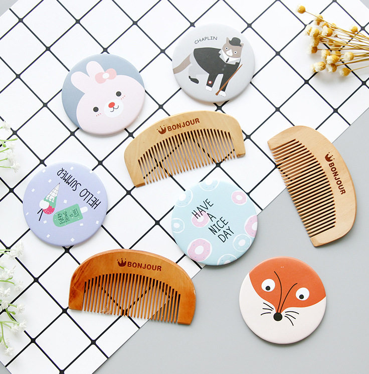 Peach Wood Comb Horse Mouth Iron Small Mirror Small Wooden Comb With Portable Mirror Comb Suit Antistatic Student Birthday Present