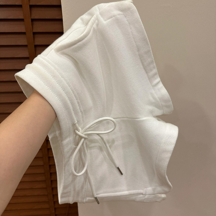 A-Line Drawstring White Pure Cotton Shorts, Sporty Casual Women's Summer High-Waisted Slimming Hot Pants, Wide-Leg Three-Quarter Pants