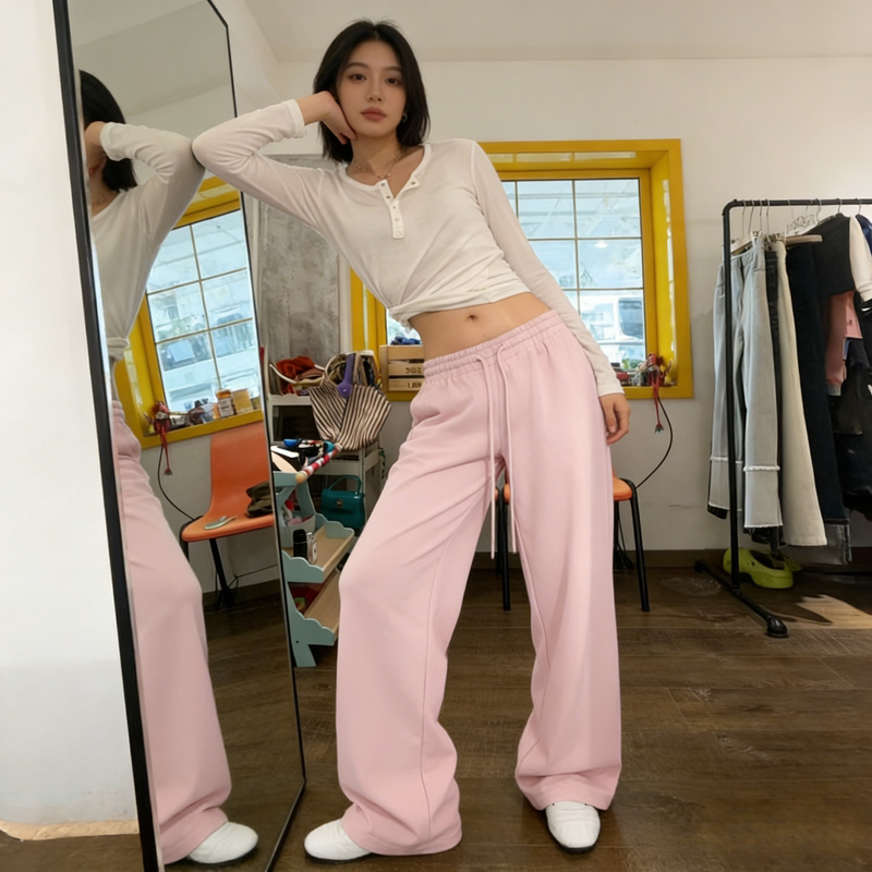 American-Style Pink Drawstring Sweatpants for Women, Spring/Summer 2026 New High-Waisted Dance Pants, Loose Wide-Leg Drapey Sports Pants American-Style Pink Drawstring Sweatpants for Women, Spring/Summer 2026 New High-Waisted Dance Pants, Loose Wide-Leg Drapey Sports Pants