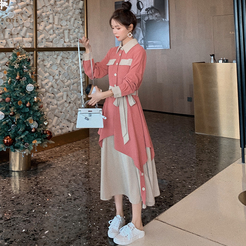 Color matching dress women's spring and autumn 2021 new high-end sense waist slim temperament long skirt tea break French shirt skirt