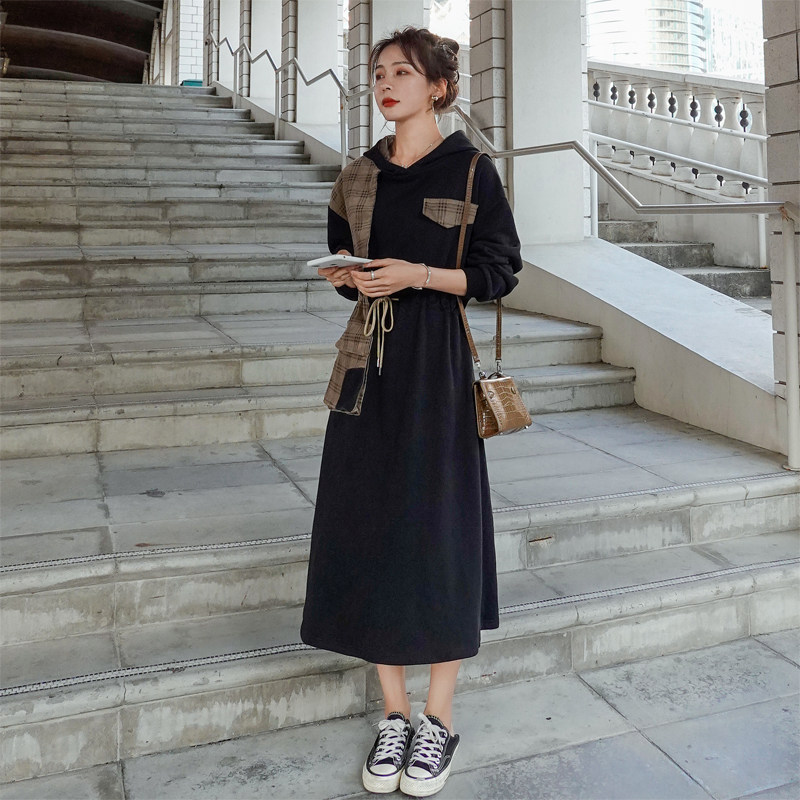 Plaid stitching dress women's 2022 spring and autumn new fashion temperament hooded sweatshirt long skirt waist slim skirt