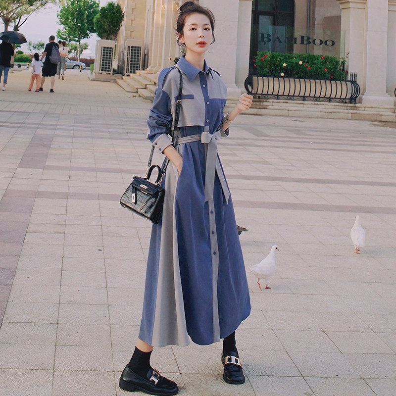 Corduroy long-sleeved shirt dress women's 2022 spring and autumn new temperament waist and thin French velvet dress