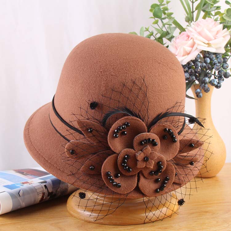 Wool Felt Hat for Women, Autumn and Winter Versatile Round-Top Fashion Short-Brimmed Bucket Hat, Hepburn Style with Mesh Floral Felt Hat