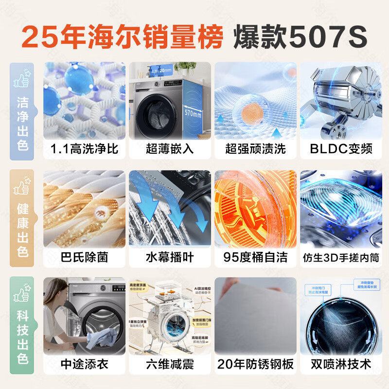 Haier Drum Washing Machine 10kg Fully Automatic Variable Frequency Ultra-Thin Sterilization and Mite Removal 1.1 Wash Cycle 507S