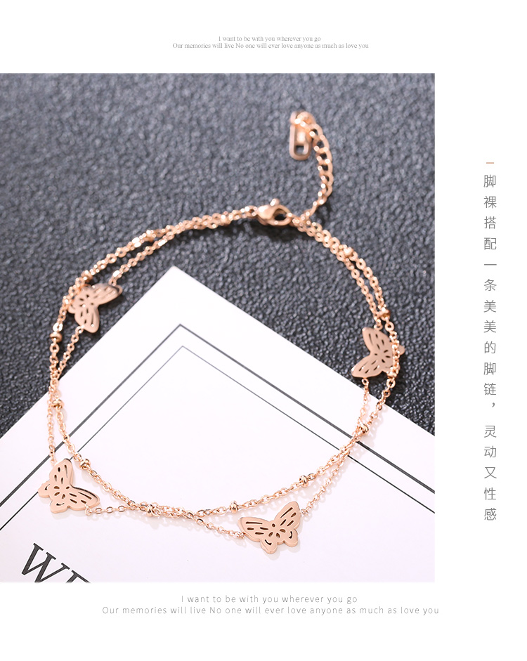 Không phai thời trang Nhật Bản và Hàn Quốc hạt bướm đôi vòng chân bằng thép titan nữ vàng hồng cá tính đơn giản chuỗi mắt cá chân hoang dã lắc chân nữ vàng đẹp