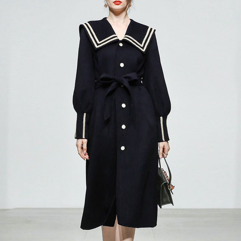 Autumn and Winter New Fashion Youthful Navy Blue Trench Coat with Sailor Collar, Lantern Sleeves, Tie Belt, and Buttoned Over-The-Knee Design Autumn and Winter New Fashion Youthful Navy Blue Trench Coat with Sailor Collar, Lantern Sleeves, Tie Belt, and Buttoned Over-The-Knee Design