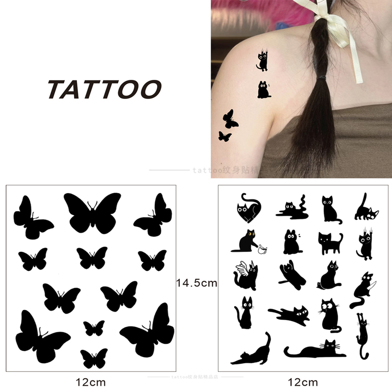 Black Butterfly Waterproof Tattoo Sticker, Butterfly Black Cat Cat Head Cute Scar Cover Mole Cover Non-Permanent Tattoo Sticker