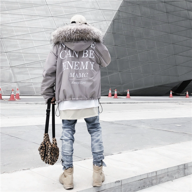 MAMC Guochao đôi nặng bốn lông cổ áo lót da thêu thêu hai màu áo khoác cotton quần áo ngồi núi khắc nam nữ