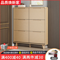 Ultra-thin shoe cabinet home door narrow solid wood frame flip bucket entry door space space Wood shoes storage cabinet