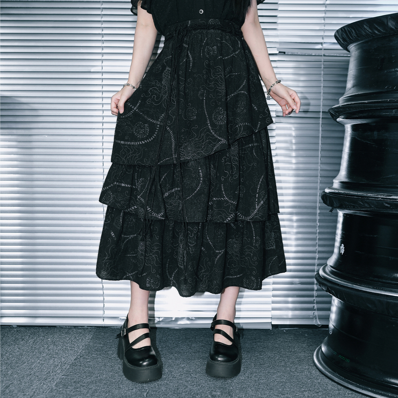 Quirky House'Sea Lily' Irregular Three-Layer Patchwork Printed Skirt Women's Summer Vintage Cake Skirt Long Style