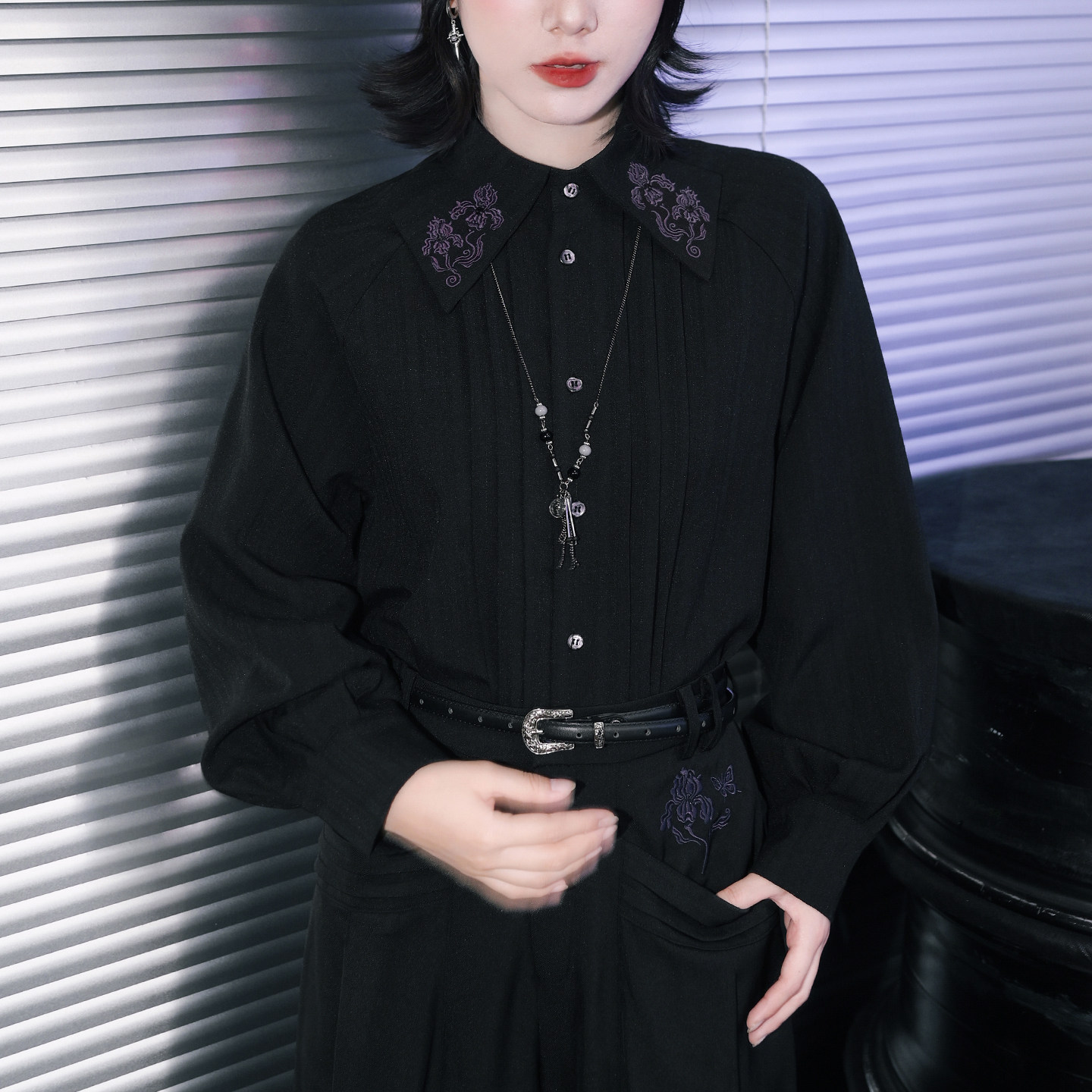 Oddity House "Iris" Dark Shaped Embroidered Shirt Women's Accordion Pleated Design Black Raglan Sleeve Top