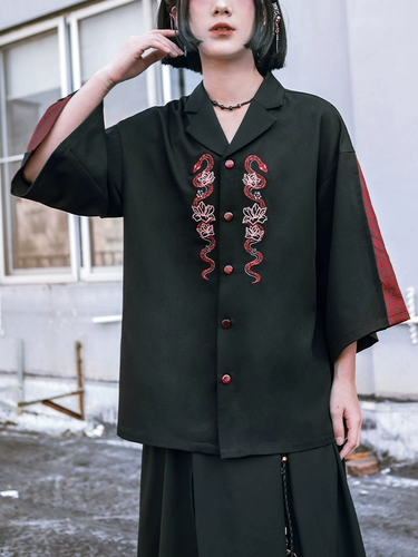 古怪舍 Летняя рубашка, с вышивкой, свободный крой, китайский стиль