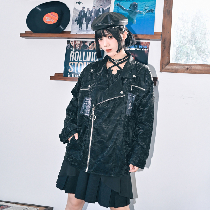 Quirky House's "Eternal Melody" Personalized Diagonal Zipper Biker Jacket for Women, Pu Jacket with Patch Embroidery, Hot Girl Windproof Coat