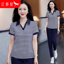 Red Dragonfly Striped Short Sleeve Sports Suit Women Summer 2024 New summer clothes with a whole set of pure cotton two sets