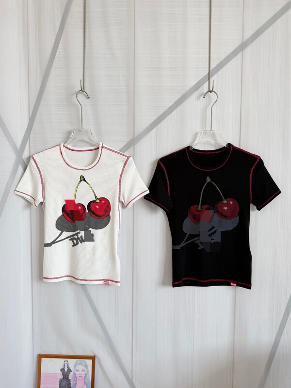 Nanyou 26 Spring/Summer New Dle Cherry Pattern Print Stretch Short-Sleeve Slim Fit T-Shirt
