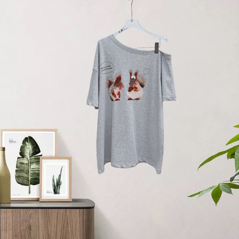 Nanyou 26 Summer Niche Cute Hamster Print Off-Shoulder Short Sleeve T-Shirt Loose Casual Top