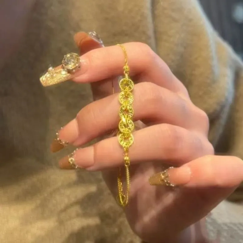 Ice-Crushed Five-Emperor Coins High-End Bracelet for Women, Sparkling Coin Tassel Bracelet, Same Style Hand Jewelry