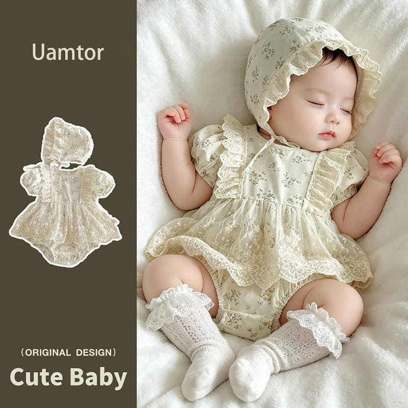 Korean Uamtor Baby Girl Summer Romper Full Moon Baby Clothes Floral Jumpsuit Lace 100-Day Dress
