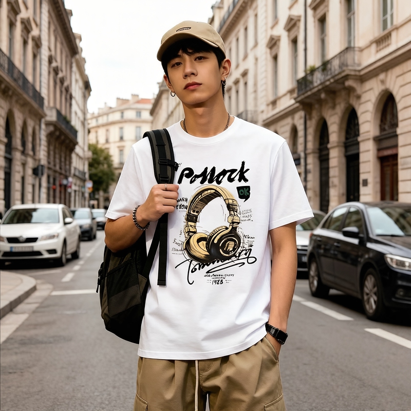 Short-Sleeved Men's T-Shirt, Long-Staple Cotton, Street Rock Headphone Print, 2026 Summer New Trendy Brand, Round Neck, Loose Fit, Versatile