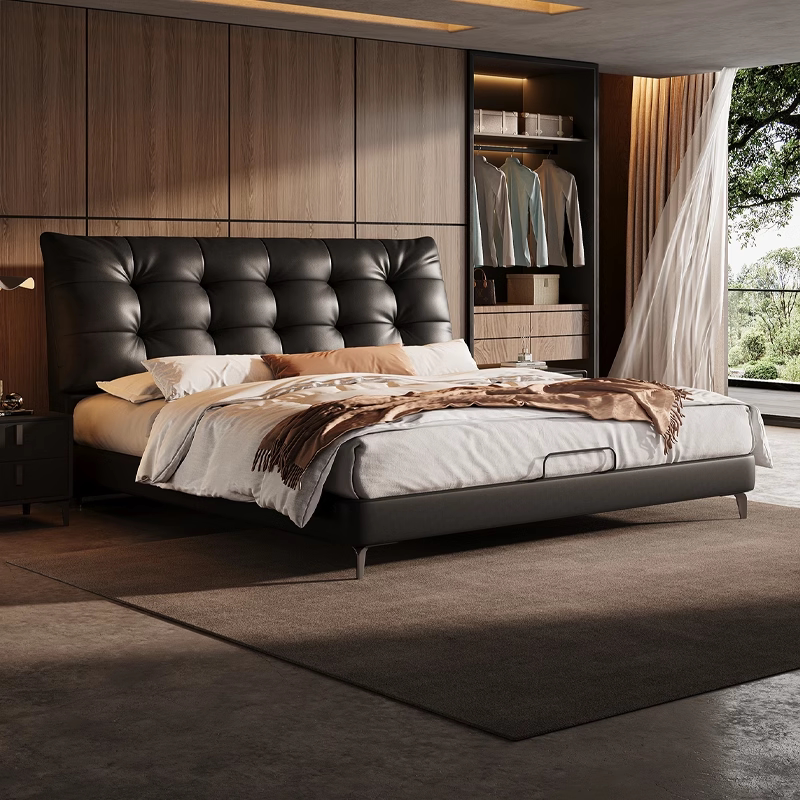 Modern Minimalist Leather Bed 1.8m Double Master Bedroom Wedding Bed 1.5m Light Luxury New Big Black Bear Upholstered Leather Bed