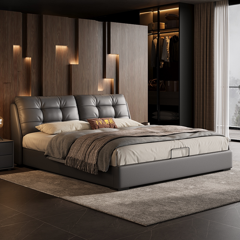 Genuine Leather Bed for Master Bedroom, Modern and Simple Style, 1.8m Double Wedding Bed with Three Drawers, Gas Lift Storage Box, Soft Upholstery, 2m Large Bed