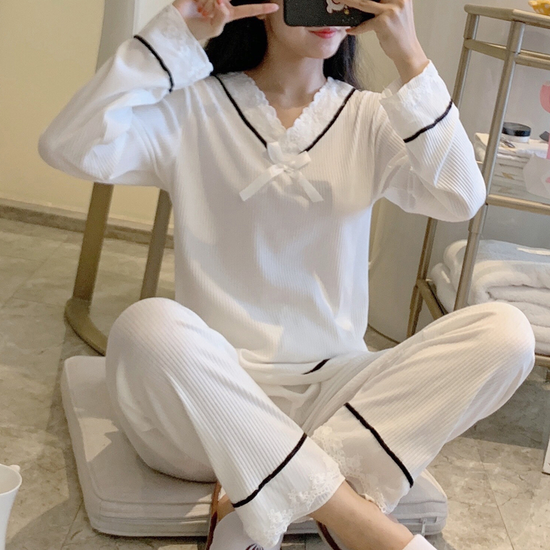 Pajamas women's spring and autumn sweet and cute princess style net red popular cotton V-neck long-sleeved home wear ladies suit