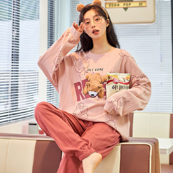 Sleepwear Women Spring Autumn Pure Cotton Long Sleeves Net Red Cartoon Summer 2021 New Thin and large size Sizes Home Suit Suit