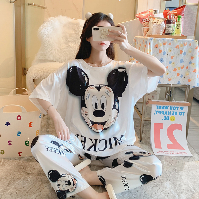 Pajamas Woman 2021 New Summer Ice Silk Slim short sleeves Cute Cartoon Mickey Three Sets Home Suit Suit