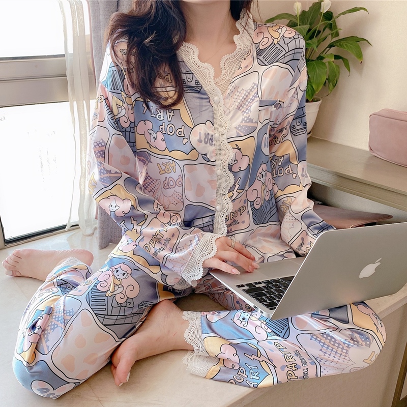 Sleepwear Lady Spring Autumn Season Ice Silk Sweet and cute Two-style suit True silk Long sleeves Autumn Winter Thin lady's home clothes