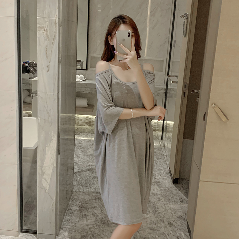 Harness Sleeping Dress Woman Summer Dew shoulder Modale short sleeve pure color thin and medium long version of pure cotton pyjamas home clothes
