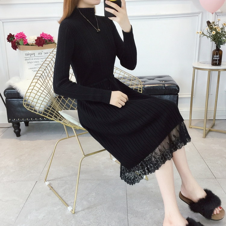 Thu đông 2018 mới của phụ nữ đầu dài đầu gối đan váy nửa cao cổ áo eo thon váy len hoang dã áo cardigan nữ