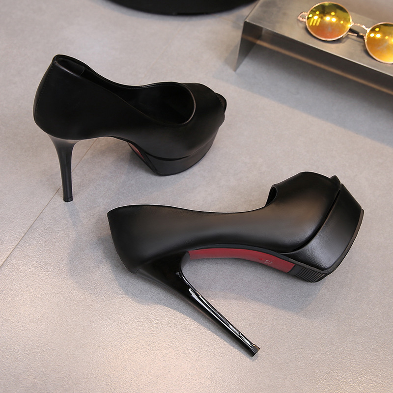 2023 Spring High Heels Waterproof Platform Stiletto Women's Black Fish Mouth Nightclub Catwalk Matte 12- 14cm Sexy