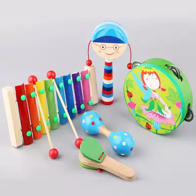Baby Tambourine beating toy wooden leather rattle 0-1-3-6-Years and 12 months old infants and young children toys