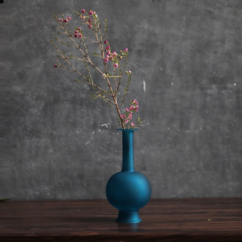 Peacock blue small vase New Chinese style glass frosted transparent glass flower ornaments living room desktop flower arrangement utensils