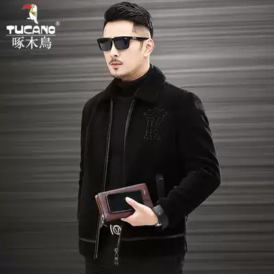 Haining fur one men's lapel sheep cut wool men's autumn and winter short youth wool fur jacket coat tide