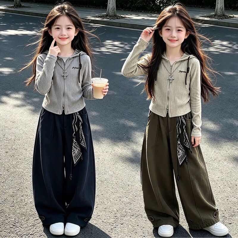 Girls' Long-Sleeved Scimitar Pants Set 2026 New Spring and Autumn Style Cardigan Hooded Base Shirt Ribbon Wide-Leg Cargo Pants Girls' Long-Sleeved Scimitar Pants Set 2026 New Spring and Autumn Style Cardigan Hooded Base Shirt Ribbon Wide-Leg Cargo Pants