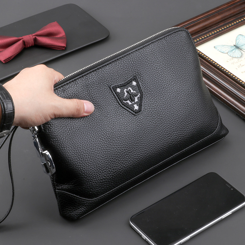 Hong Kong new handbag male leather handbag large capacity hand grab package password lock soft cow leather bag male bag