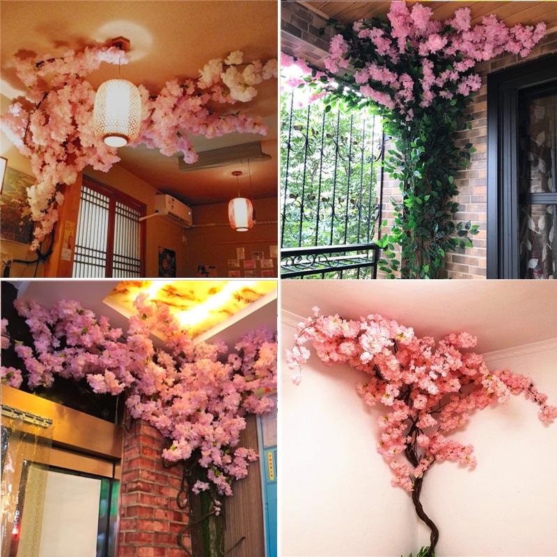 Simulation cherry blossom tree indoor living room air conditioning pipe network red shop wall hanging type ceiling decorations on floor fake flower rattan hem