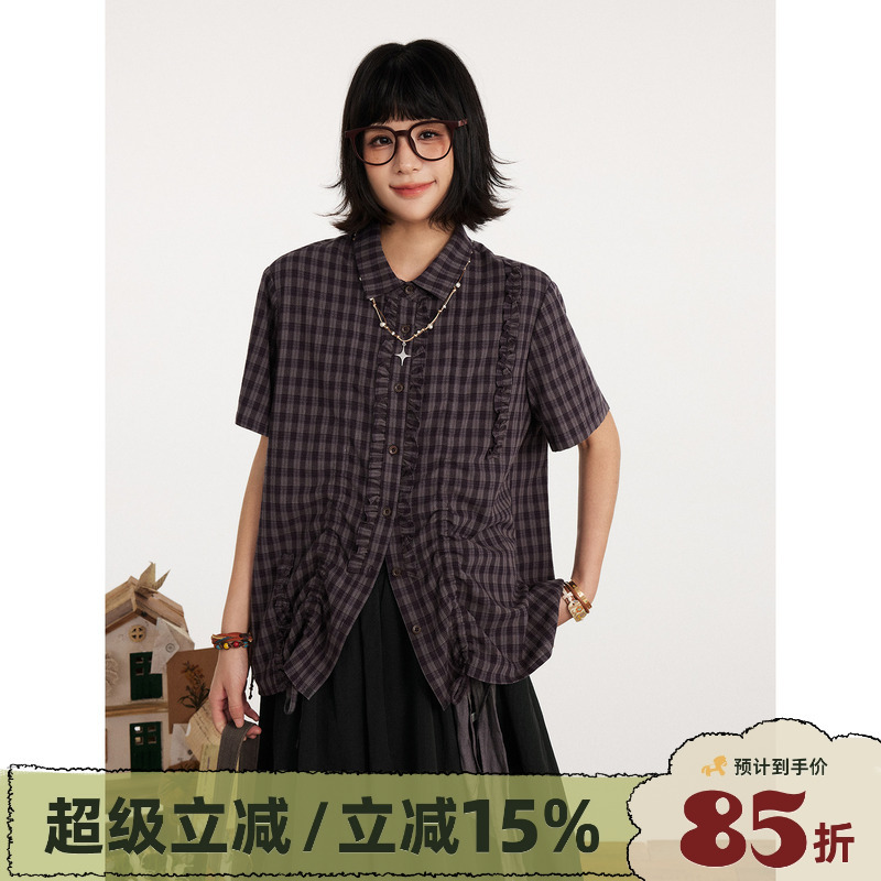 Volcano Horse Hothorse Slightly Dropped Shoulder Loose Breathable Pure Cotton Plaid Ruffled Vintage Versatile Short-Sleeve Shirt