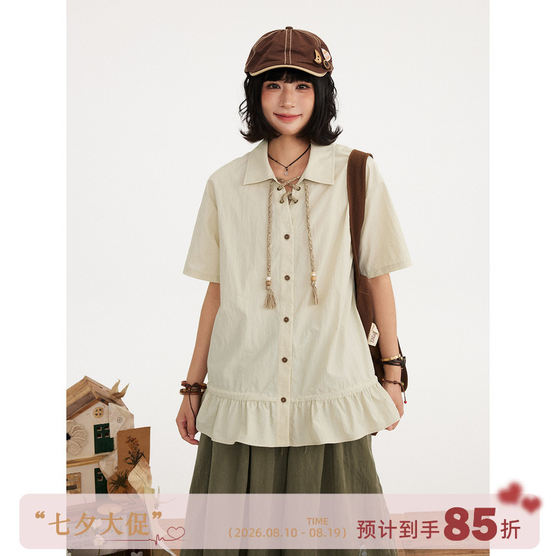Hothorse Volcano Horse Loose V-Neck Tie-Up Wooden Bead Artistic Ruched Ruffle Classic Lapel Short-Sleeve Shirt